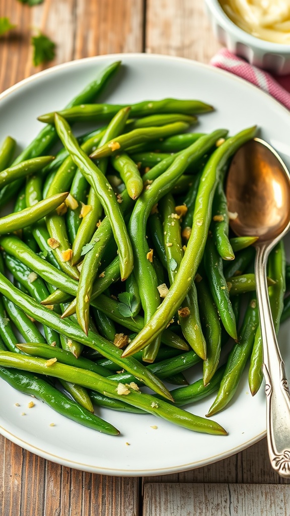 Sautéed green beans in garlic butter on a rustic plate, garnished with parsley.